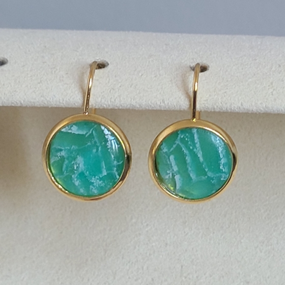 Hand Crafted Boho Gold Green Jade Gemstone Circle Drop Dangle Earrings - Picture 5 of 10